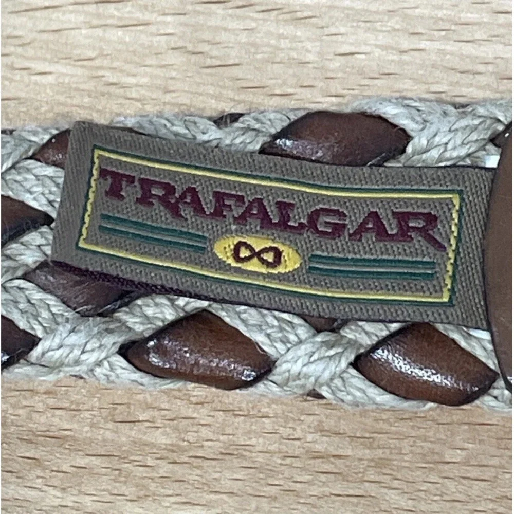 Trafalgar Mens Woven Belt 44 Brown Leather Jute Rope Casual‎ Brass Buckle USA